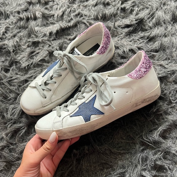 Golden Goose White Superstar Sneakers with Blue Star and Glittery Heel Tab - Picture 3 of 5